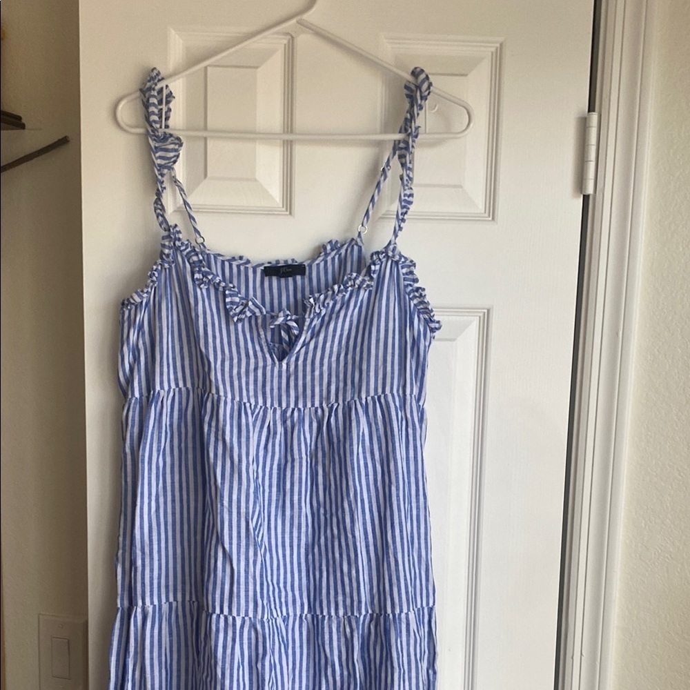 J. Crew Blue and White Ruched Midi Sundress